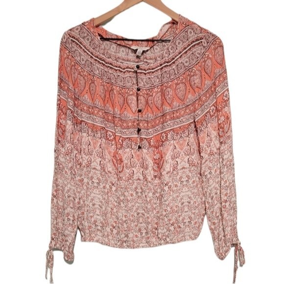 Lucky Brand Boho Peasant Style Blouse Peach & Cream Size Small - Picture 1 of 4